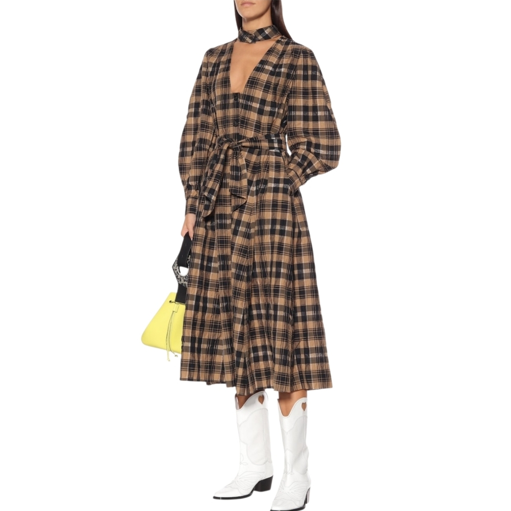 GANNI BELTED CHECKED SEERSUCKER MIDI DRESS